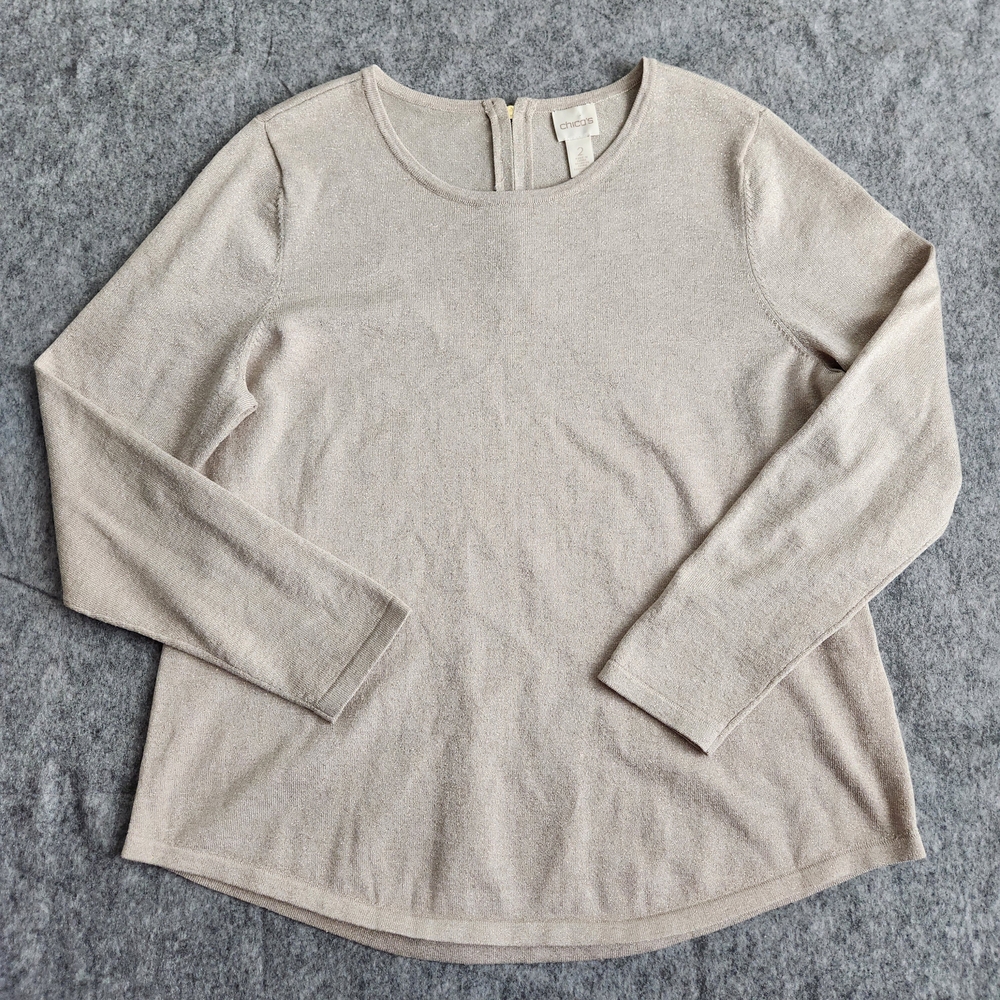 Chico’s Gold Shimmer Knit Sweater Women's 2 Large Quiet Luxury Coastal Gold Zip